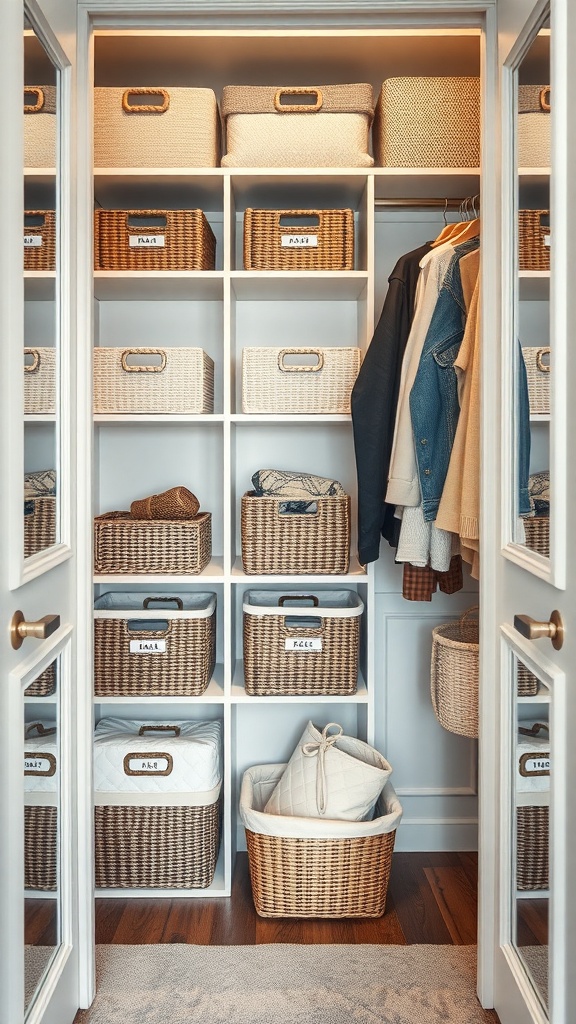 Organized closet with various woven baskets and labeled bins