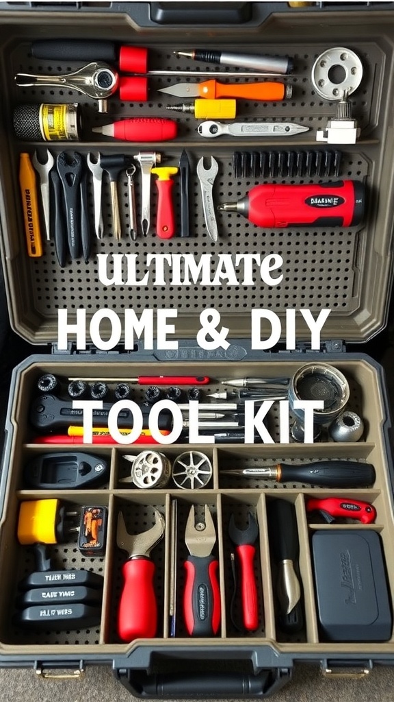 Organized home and DIY toolkit with various tools neatly arranged in a toolbox.