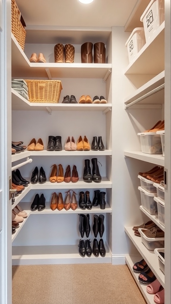 A well-organized walk-in closet with shelves displaying various types of shoes and storage bins.