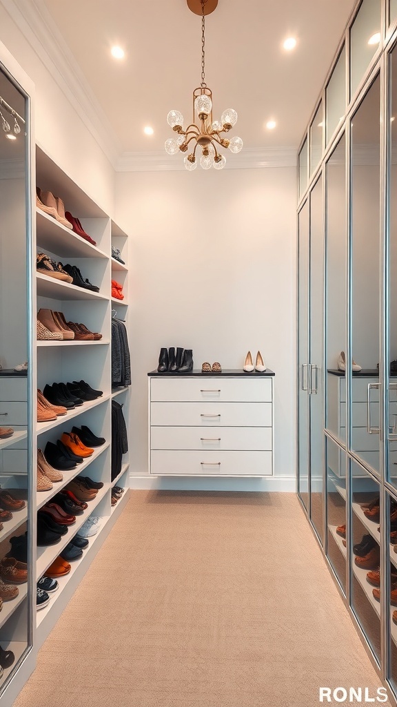 A stylish walk-in closet with organized shoe shelves and a chandelier.
