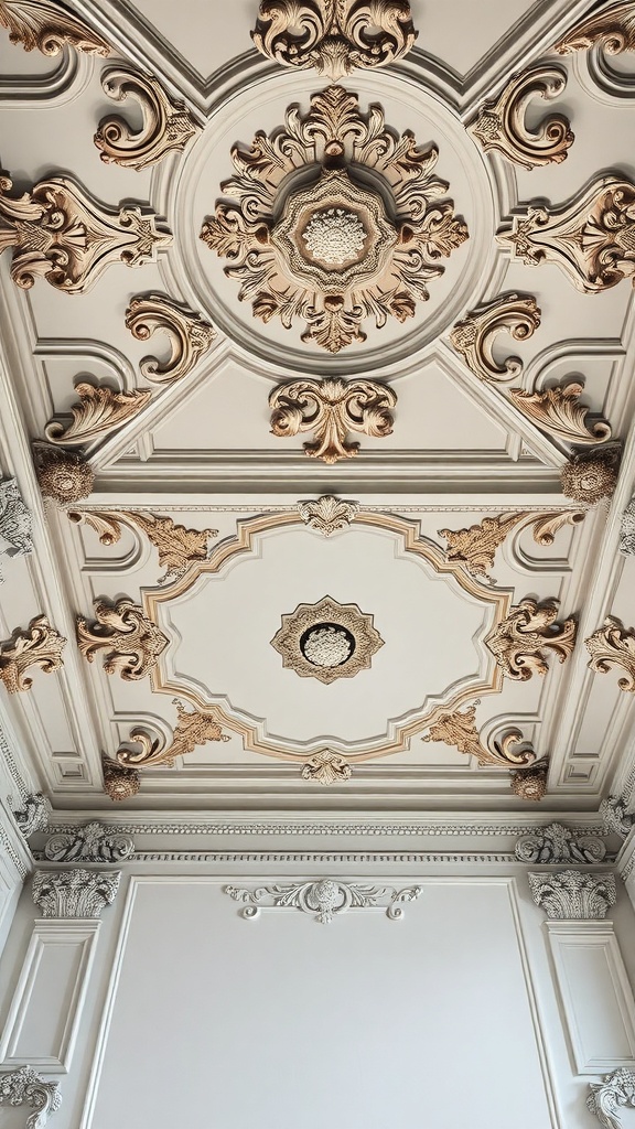 Ornate ceiling design featuring intricate patterns and gold accents.