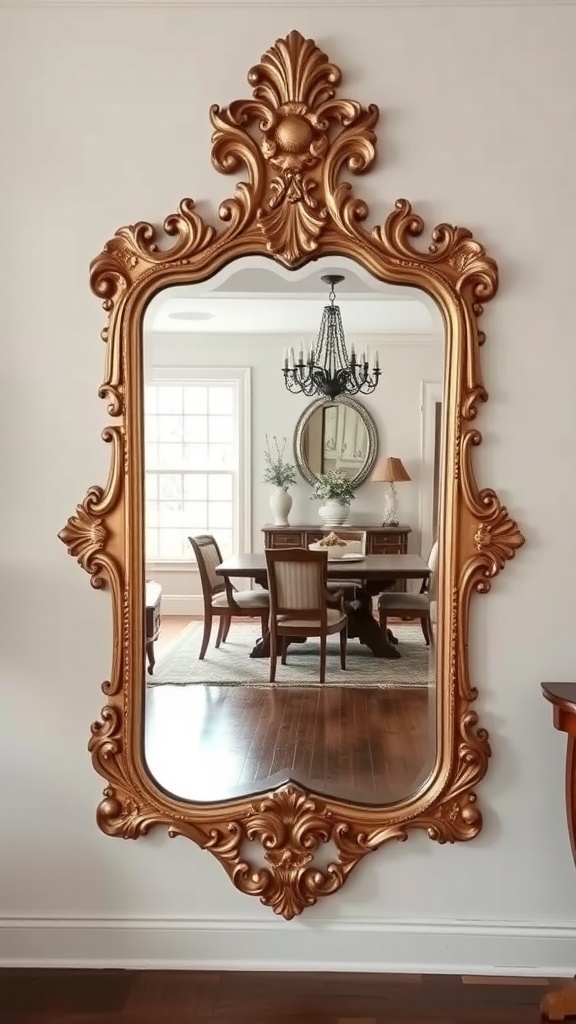 An ornate golden mirror reflecting a dining area with a chandelier and wooden furniture.