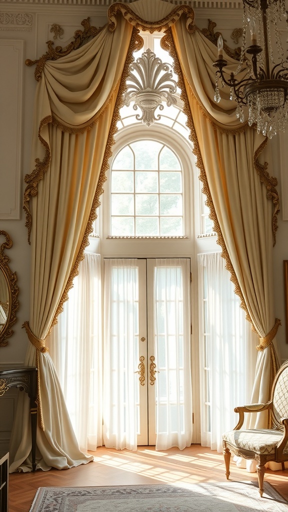 Elegant window treatments with luxurious drapes and intricate details framing a bright window.