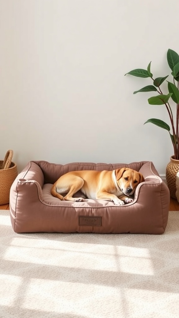 A relaxed dog lying on a cozy orthopedic bed in a well-lit room with plants.