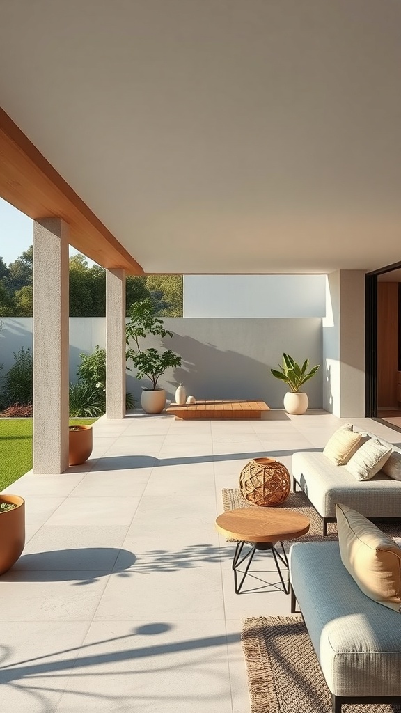 A modern outdoor living space with comfortable seating and greenery.