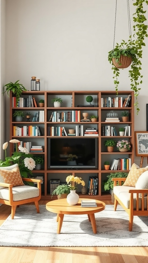 A cozy living room featuring a wooden bookshelf filled with books, surrounded by plants and comfortable seating.