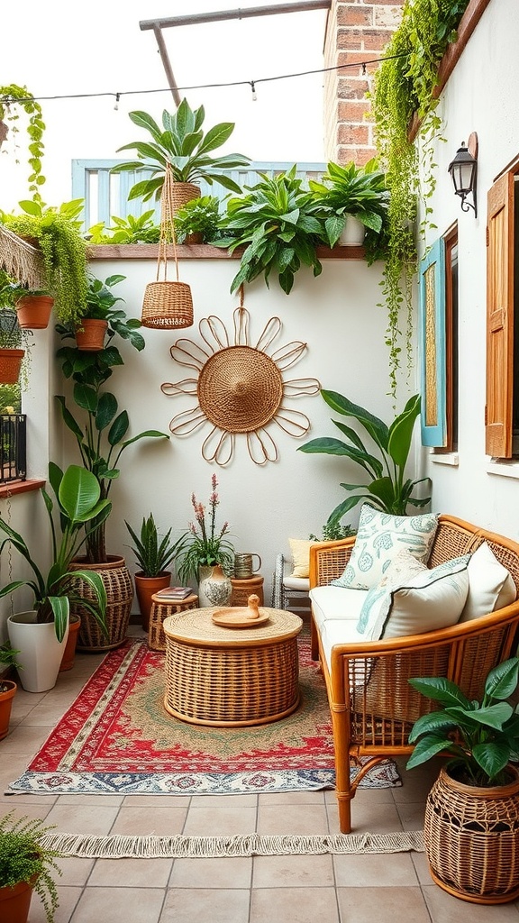 A cozy outdoor-inspired decor featuring wicker furniture, lush plants, and a colorful rug.