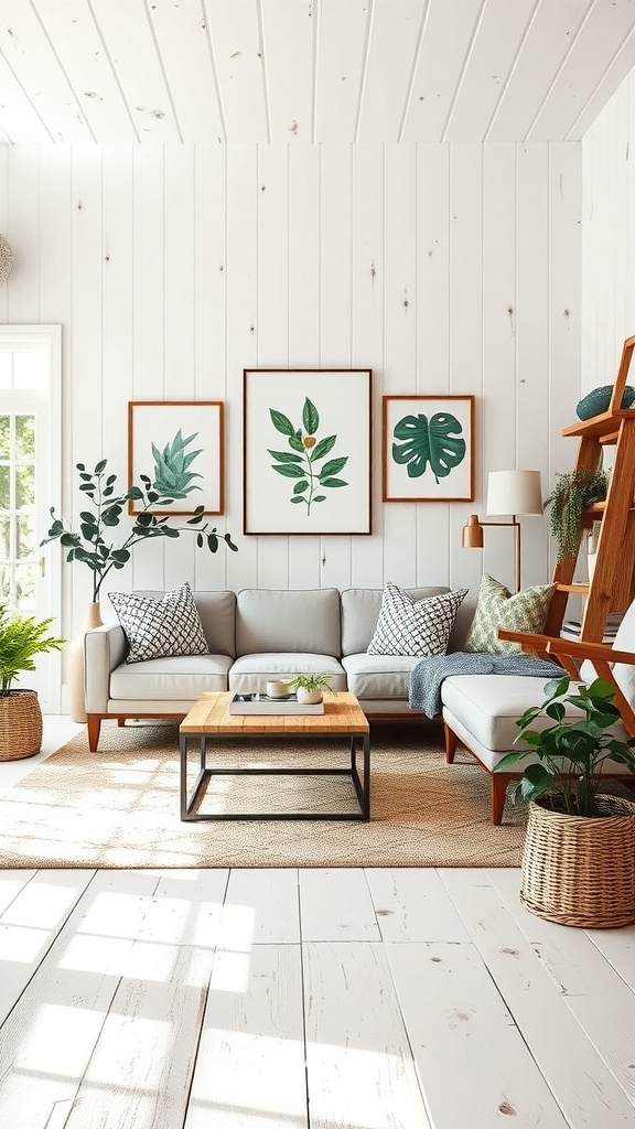 Cozy living room with white walls, wooden floors, plants, and botanical artwork