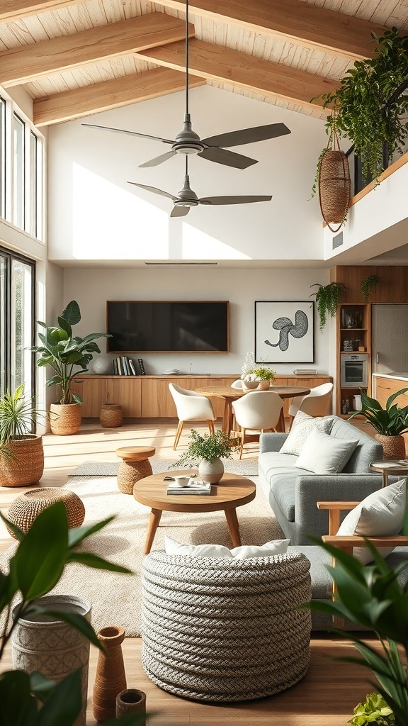 A bright and airy living and dining room with large windows, plants, and natural wood elements.