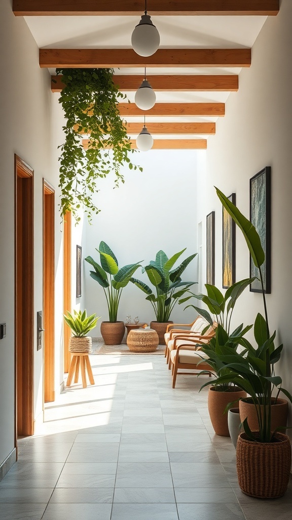 A bright hallway with wooden beams, potted plants, and simple light fixtures.