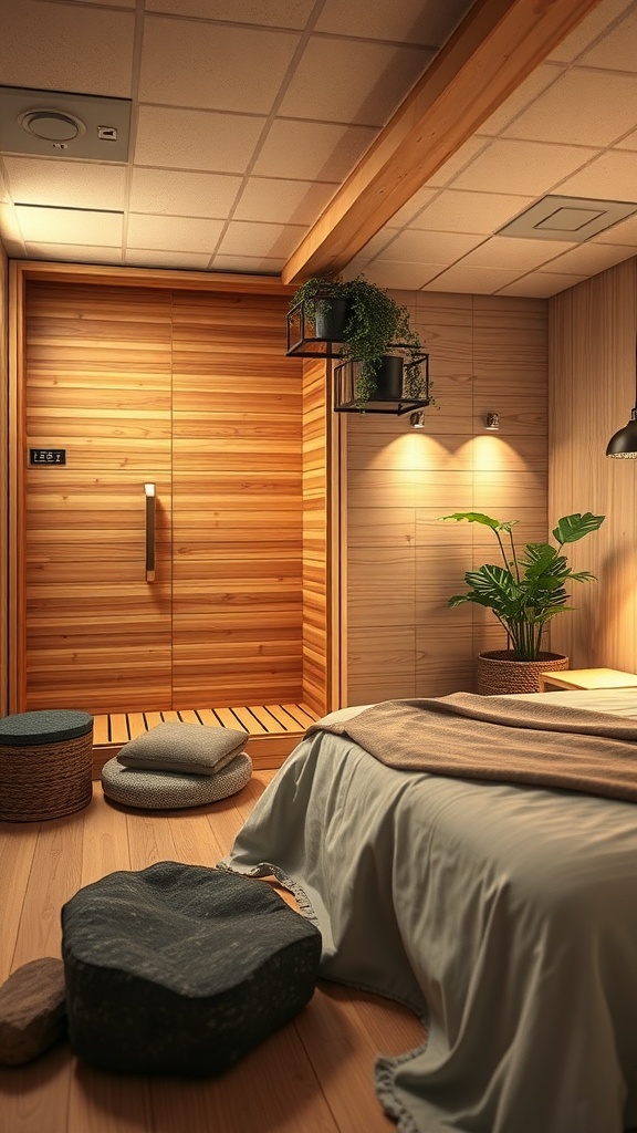 Cozy indoor sauna with wooden paneling, cushions, and plants.