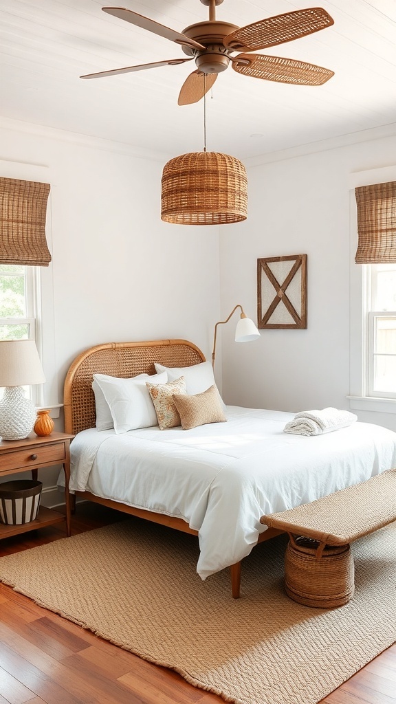 A cozy bedroom featuring a rattan light fixture, woven textures, and a neutral color palette.
