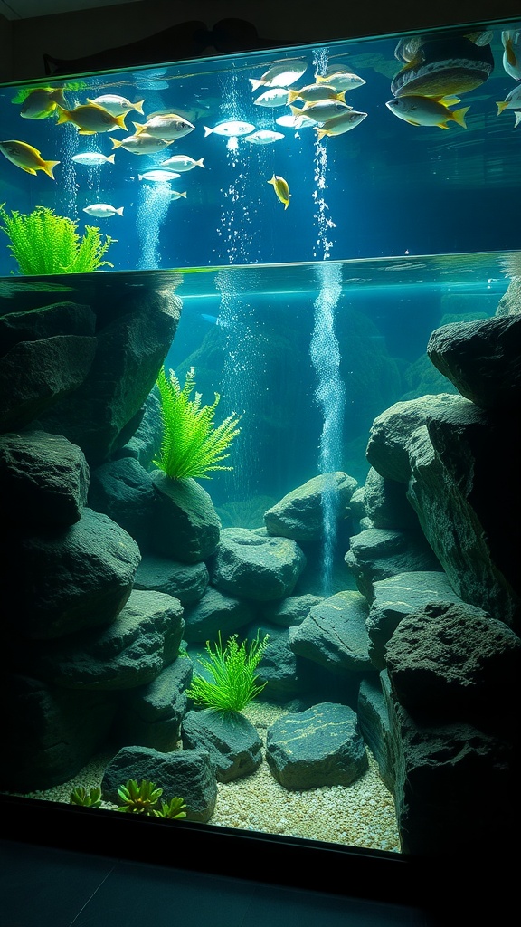 An indoor aquarium with fish swimming among rocks and plants, featuring bubbles rising in the water.