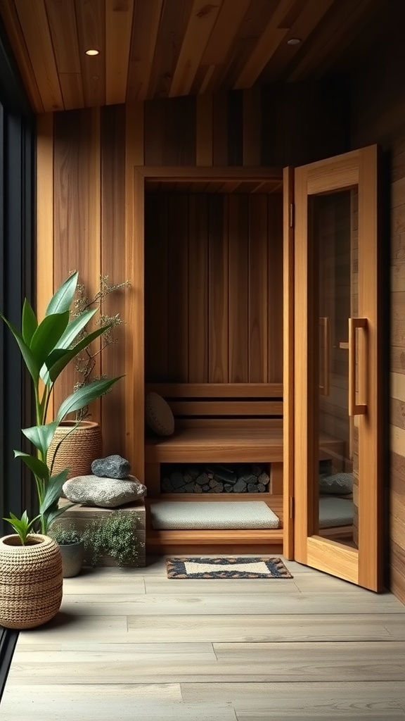 Indoor sauna with wooden walls, glass door, and plants