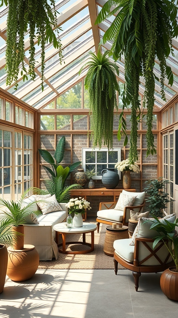 A beautifully designed conservatory with hanging plants, cozy seating, and natural light.