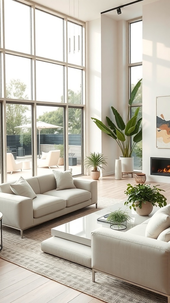 Ein modernes Wohnzimmer mit großen Fenstern, neutralen Möbeln und Pflanzen, das eine Verbindung zur Natur schafft.