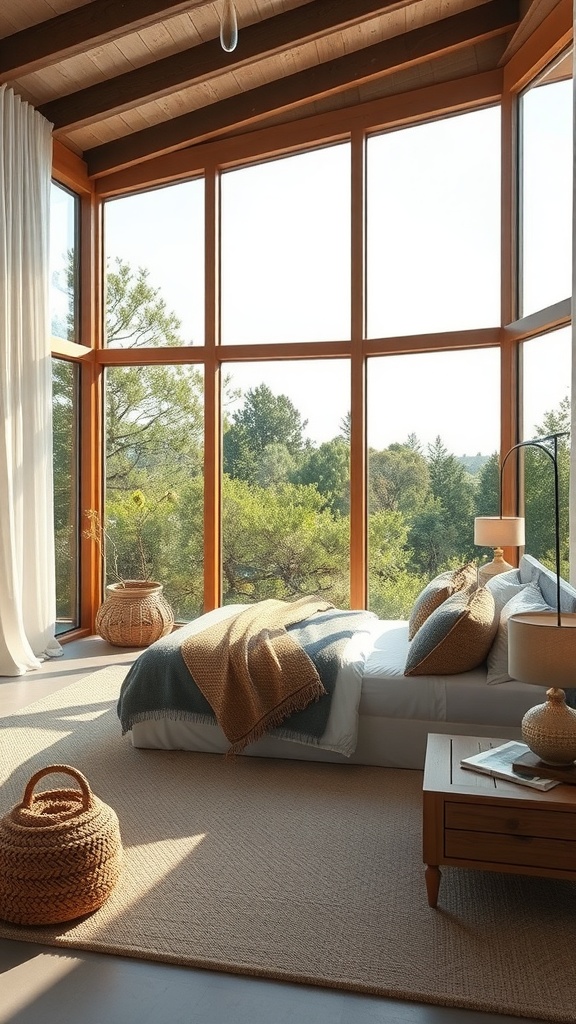 A bright bedroom with large windows overlooking greenery, featuring a cozy bed and natural decor.
