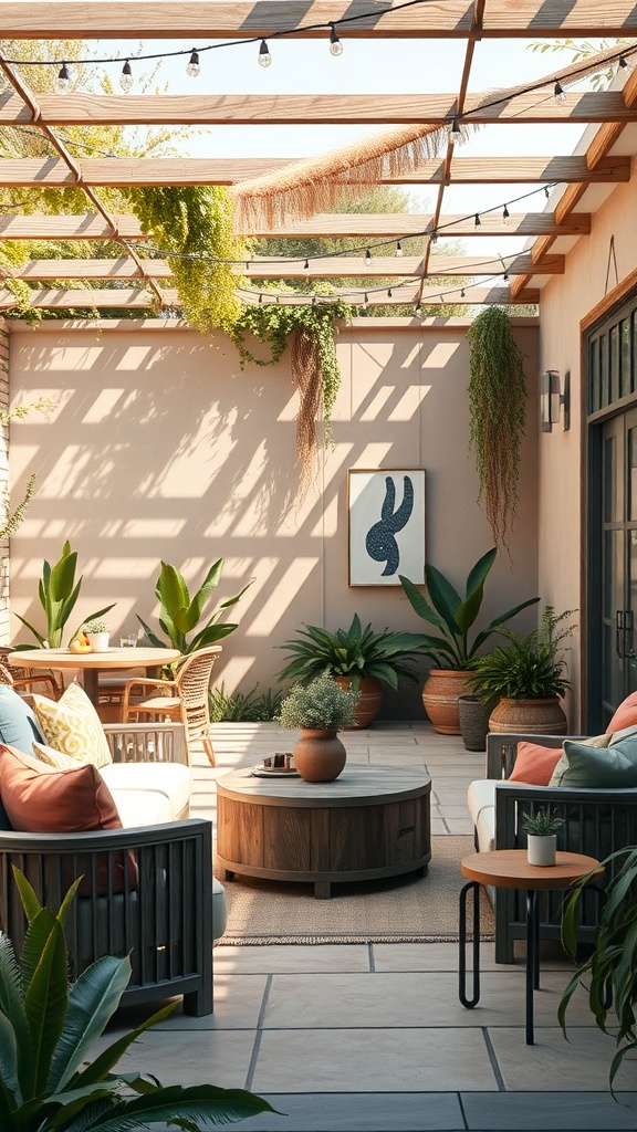 A cozy outdoor seating area with plants and warm lighting.