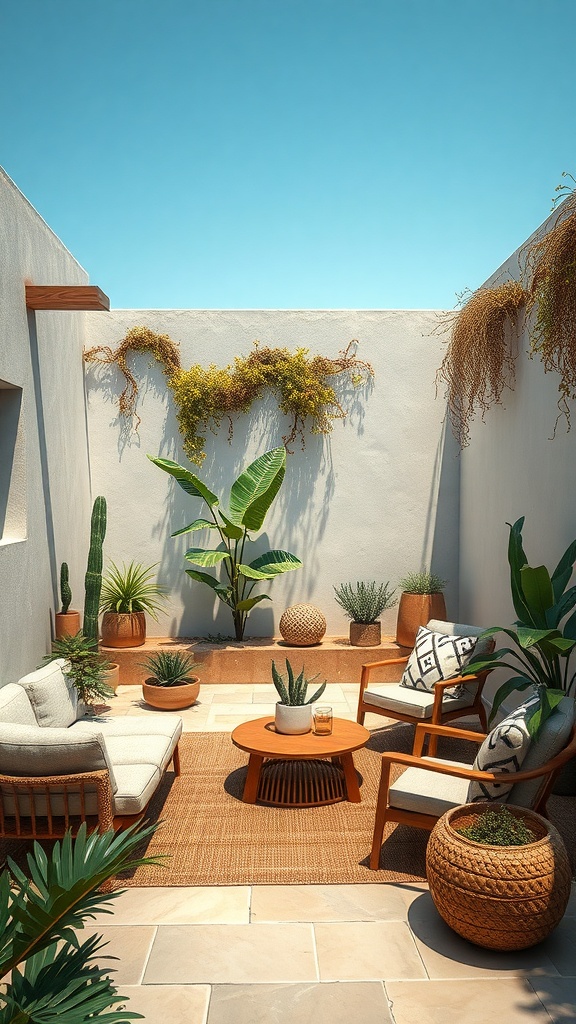 A cozy outdoor patio with comfortable seating, potted plants, and a natural aesthetic.