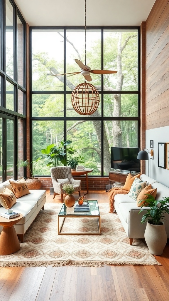 A boho living room with large windows, plants, and cozy furniture, inspired by outdoor elements.