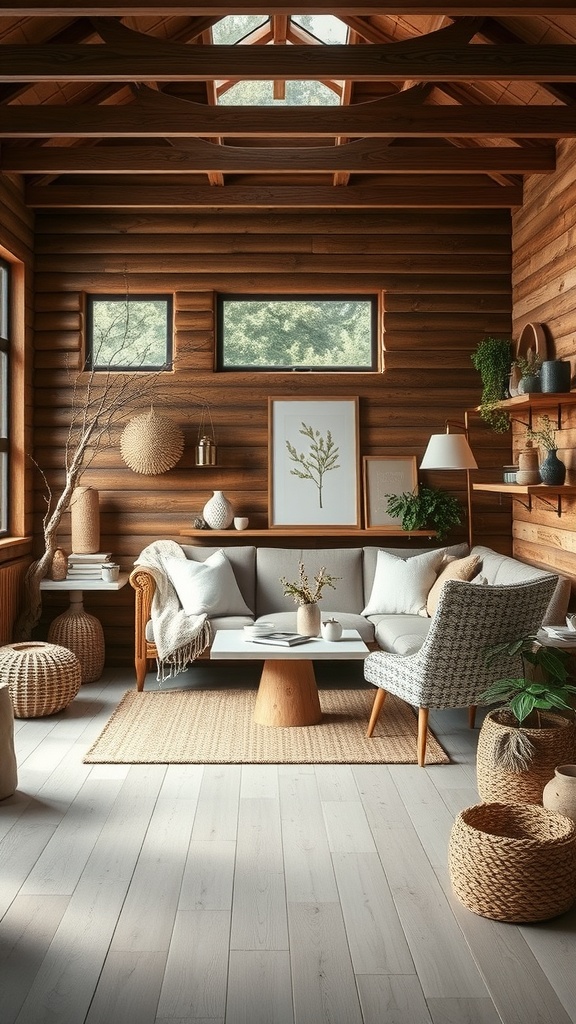 Cozy Scandinavian interior with wooden walls, natural textures, and plants.