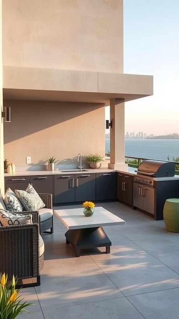 Moderne Outdoor-Küche mit Grill und Sitzbereich