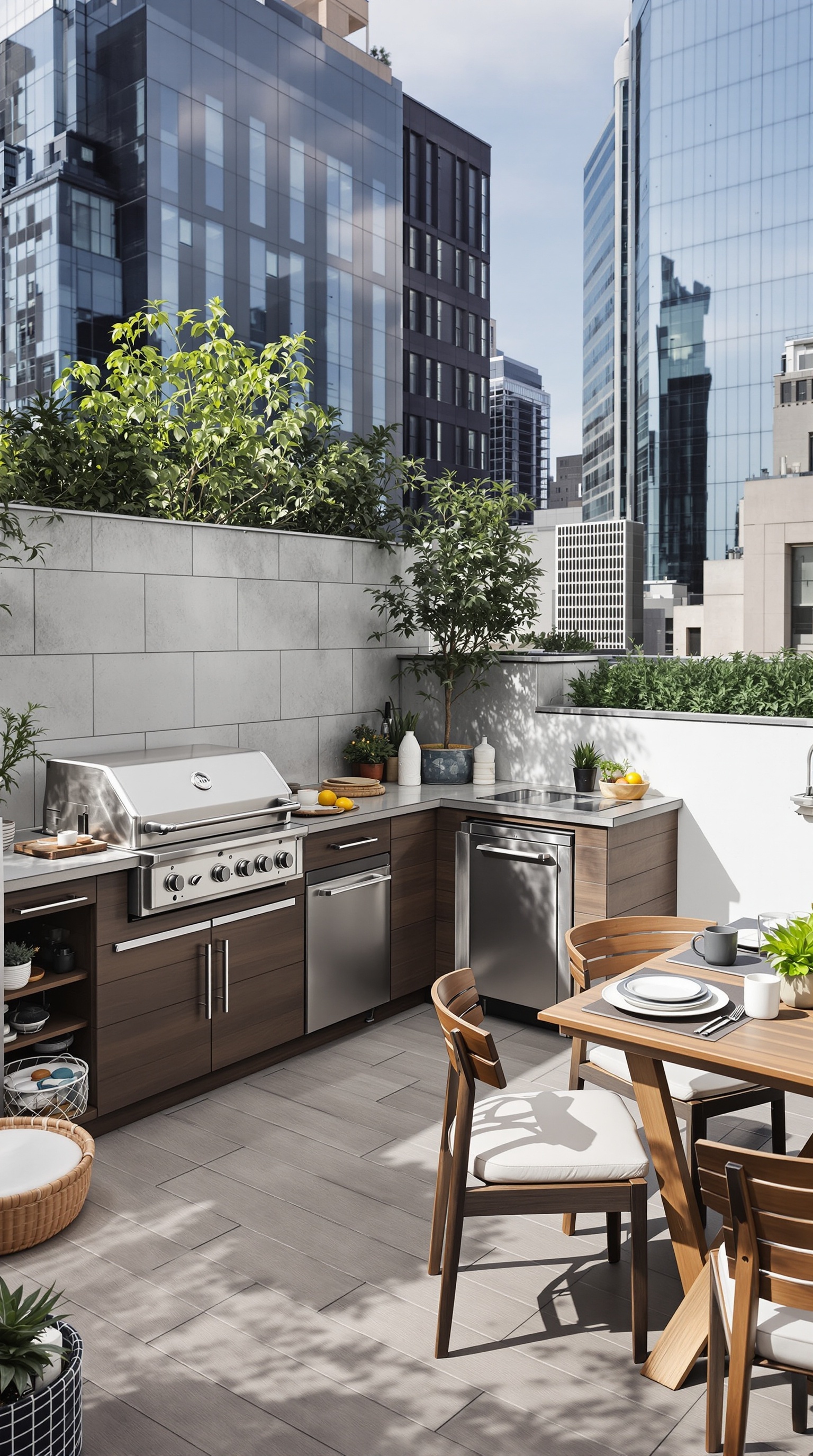 Moderne Dachterrasse mit Outdoor-Küche, Grill und gemütlichen Sitzgelegenheiten mit Blick auf das Wasser.