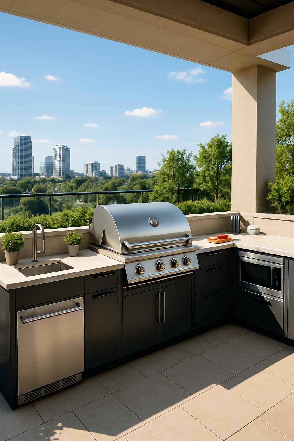 Luxuriöse Dachterrasse mit Outdoor-Küche, Grill, Sitzgelegenheiten und Blick auf das Meer.