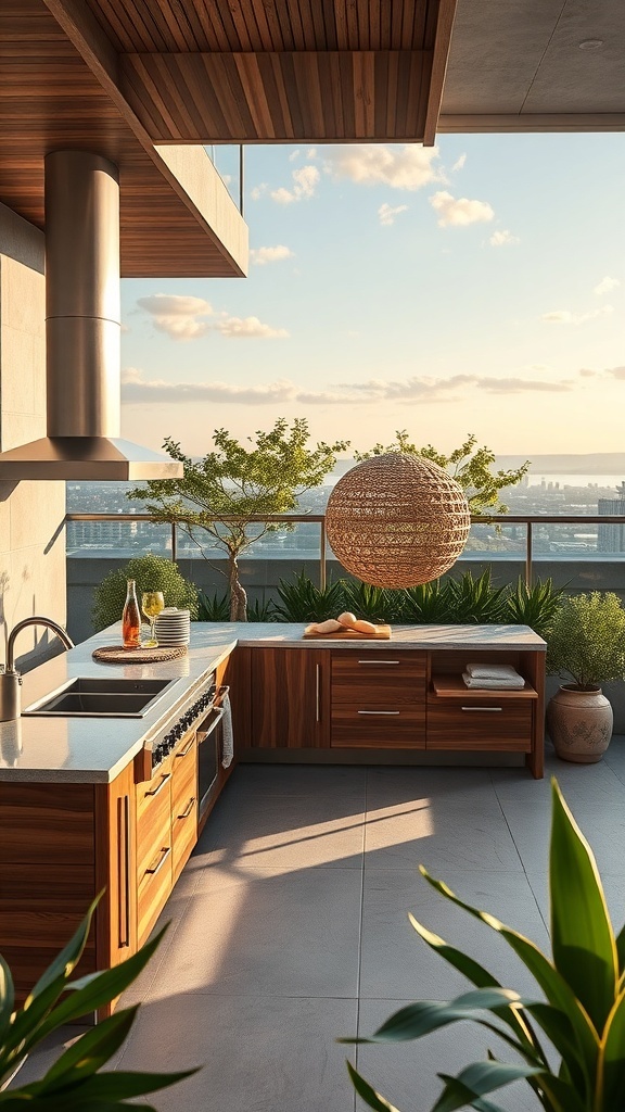 Moderne Outdoor-Küche mit Holz- und Steinelementen, umgeben von Pflanzen und mit Blick auf die Landschaft.