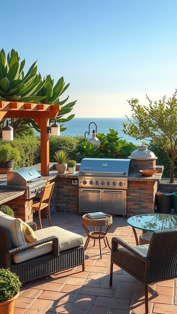 Moderne Outdoor-Küche mit Grill und Sitzgelegenheiten, Blick auf das Meer