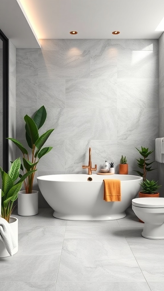 A modern bathroom with light gray porcelain flooring, a freestanding bathtub, and indoor plants, creating a spa-like atmosphere.