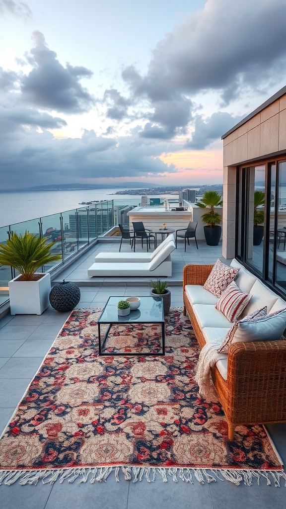 Gemütliche Dachterrasse mit einem bunten Outdoor-Teppich, einem Sofa und einem Tisch mit Blick auf das Meer.