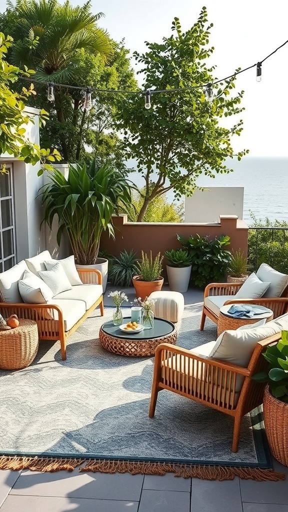 Gemütliche Lounge-Ecke im Freien mit Outdoor-Teppich und Pflanzen