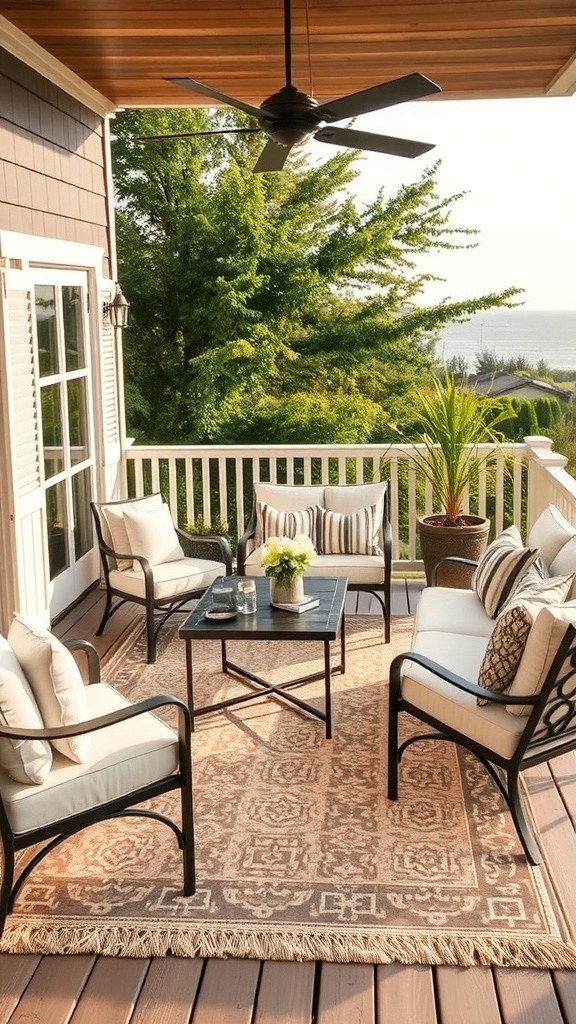 Gemütliche Outdoor-Lounge mit Teppich, Sesseln und Tisch