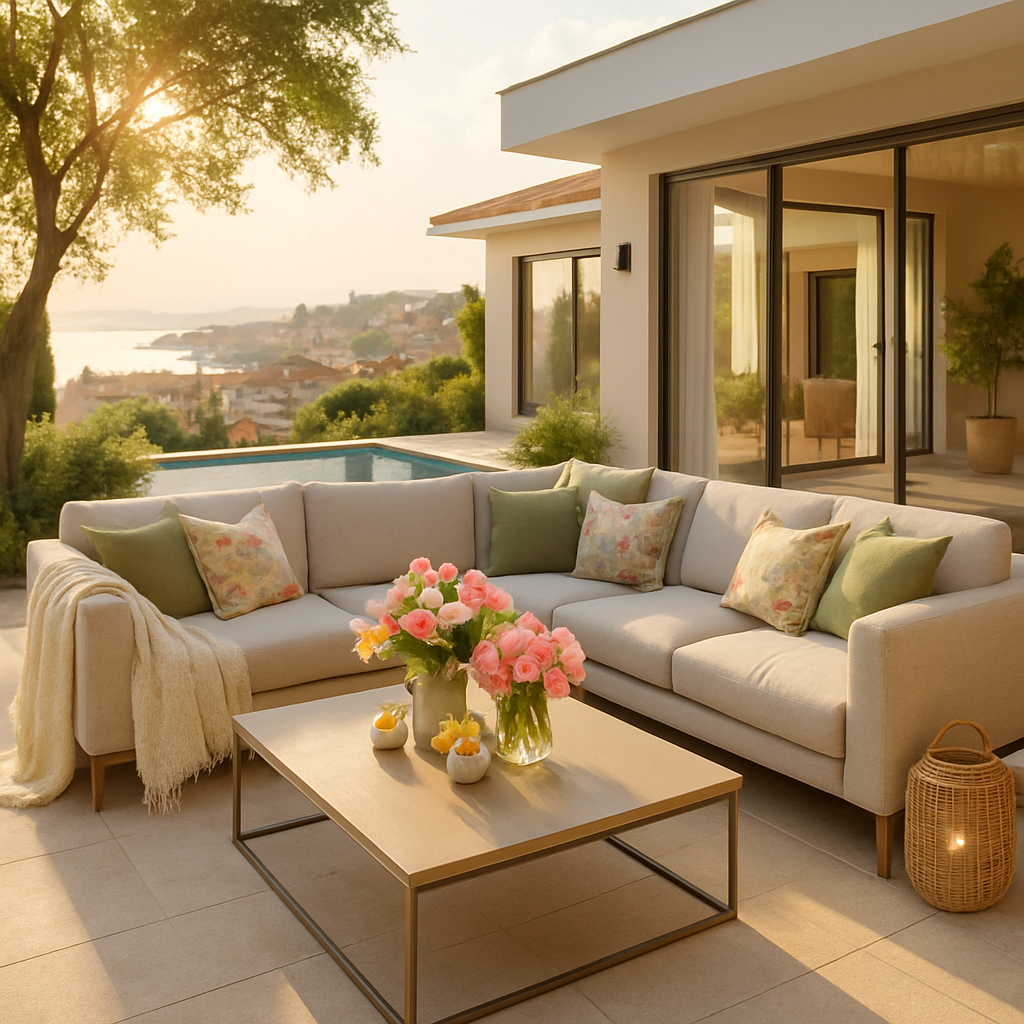 Gemütliche Sitzecke im Freien mit einer Couch, Kissen und einem Tisch, umgeben von Pflanzen und mit Blick auf die Landschaft.