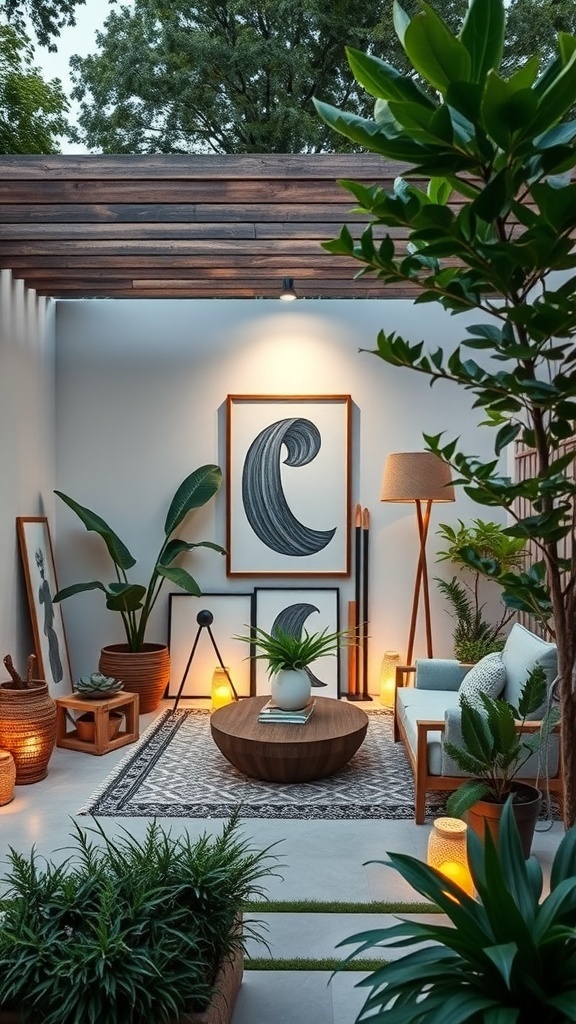 A minimalist patio featuring wall art, plants, and stylish furniture.