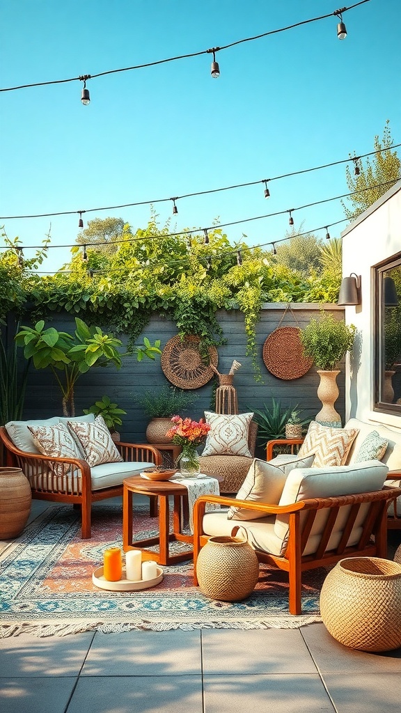 Cozy outdoor boho space with wooden furniture, cushions, and string lights