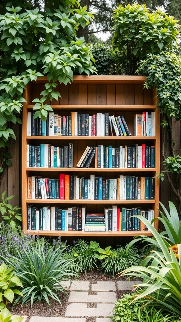 A wooden outdoor bookshelf filled with books, surrounded by greenery in a garden.