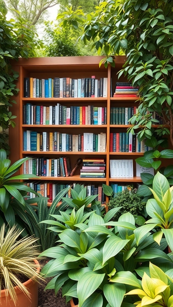A wooden bookshelf filled with books surrounded by lush green plants in a garden setting.