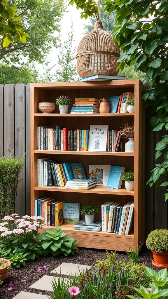 A wooden outdoor bookshelf filled with books, surrounded by plants and flowers in a garden setting.
