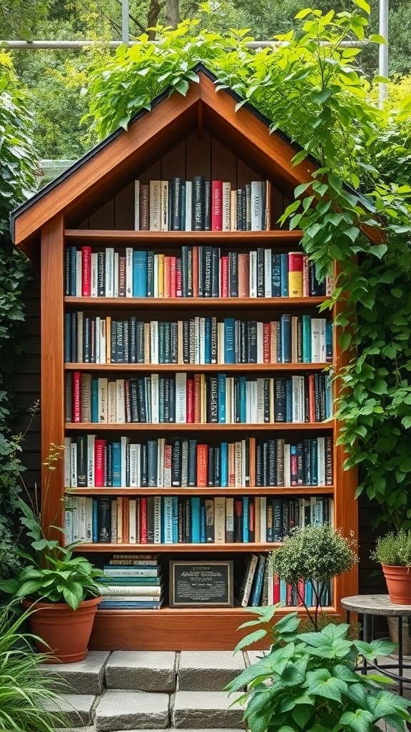 An outdoor bookshelf designed like a small house, surrounded by greenery and plants.
