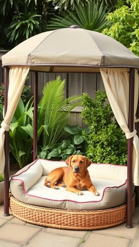 A dog resting on a cozy outdoor canopy bed surrounded by greenery.