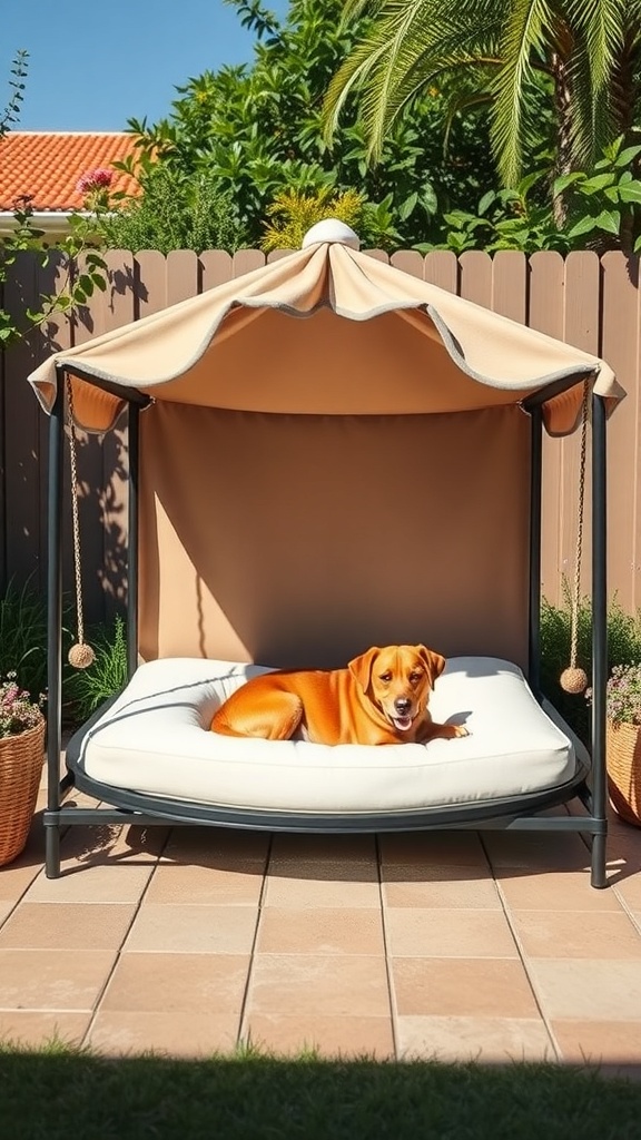 A happy dog lounging on a stylish outdoor canopy dog bed in a sunny backyard.
