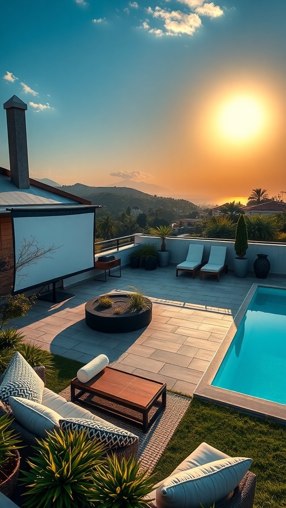 Gemütlicher Außenbereich mit einem großen Bildschirm, Liegen und einem Pool, ideal für Filmabende unter dem Sternenhimmel.