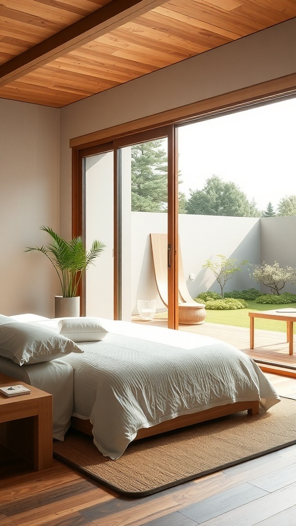 A serene Japandi bedroom with large glass doors opening to a peaceful garden.