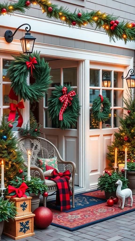 A beautifully decorated outdoor entrance with wreaths, plants, and cozy seating for the holiday season.