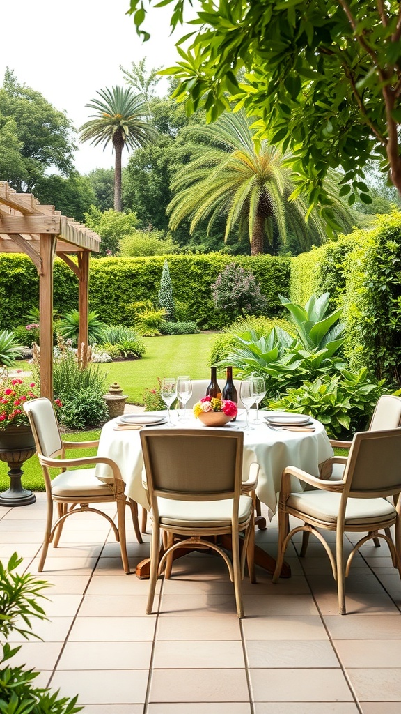 An elegant outdoor dining area with a round table set for a meal, surrounded by lush greenery and palm trees.