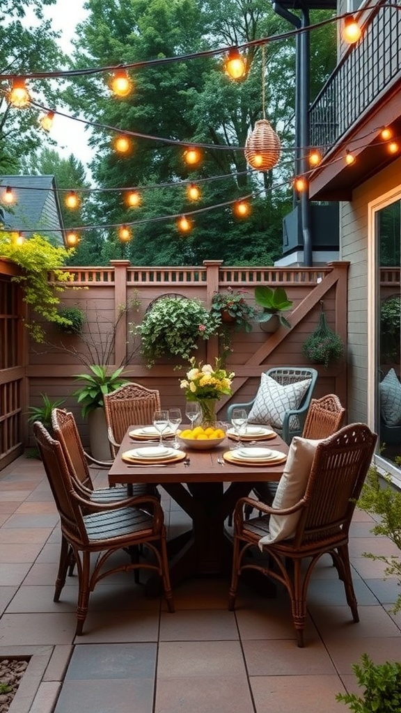 A cozy outdoor dining area with a table and wicker chairs, surrounded by greenery and string lights.
