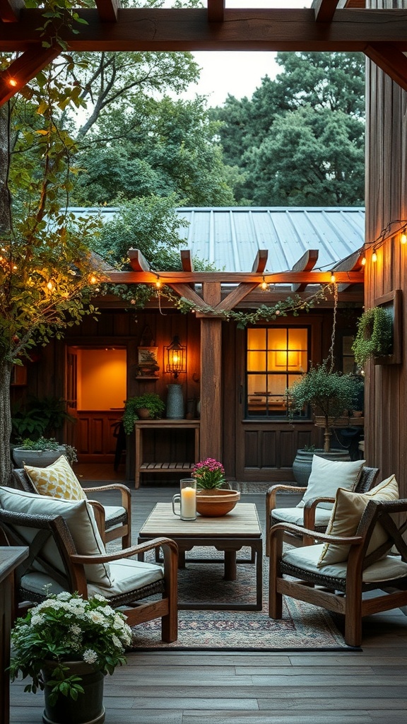 Cozy outdoor seating area with wooden chairs, cushions, and string lights.