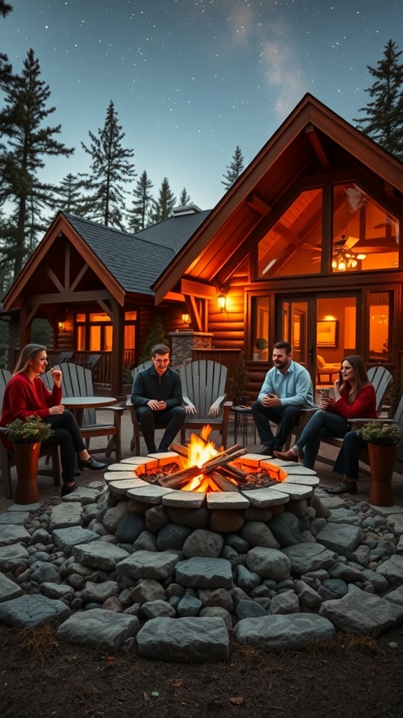 A cozy outdoor fire pit gathering with friends near a cabin, surrounded by trees and a starry sky.